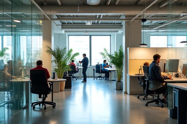 Modern incubator workspace with vibrant offices and collaboration areas