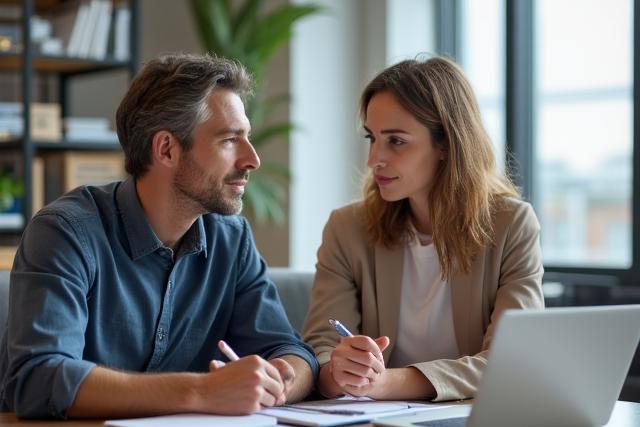 Mentor and mentee in a focused discussion in a modern office