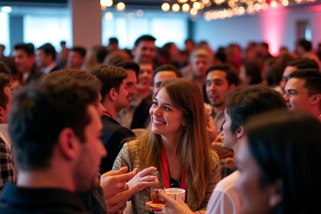 Diverse group of professionals networking at a vibrant startup event