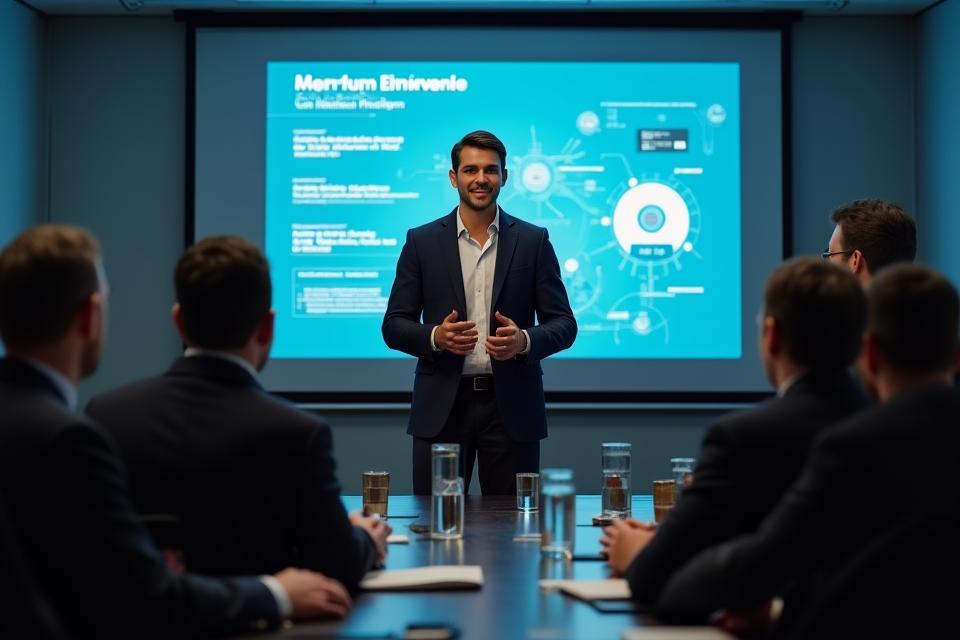 Startup founder confidently presenting a pitch deck to a panel of investors
